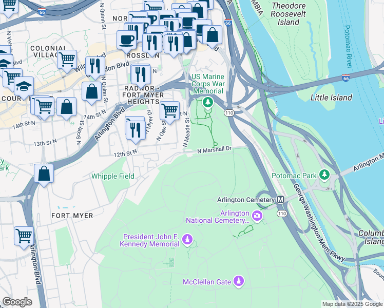 map of restaurants, bars, coffee shops, grocery stores, and more near 310 North Marshall Drive in Arlington
