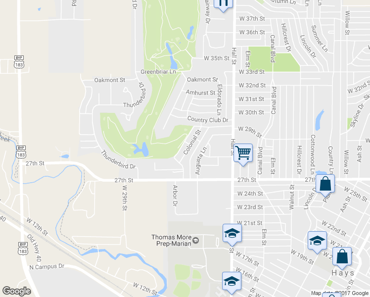 map of restaurants, bars, coffee shops, grocery stores, and more near 2733 Colonial Street in Hays