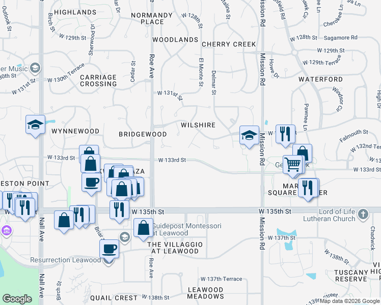 map of restaurants, bars, coffee shops, grocery stores, and more near 13213 El Monte Street in Leawood