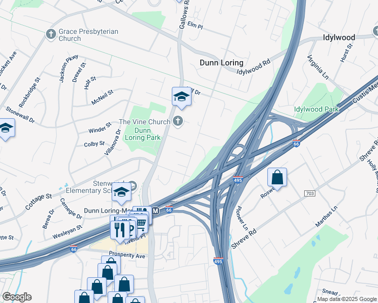 map of restaurants, bars, coffee shops, grocery stores, and more near 2534 Sandburg Street in Dunn Loring