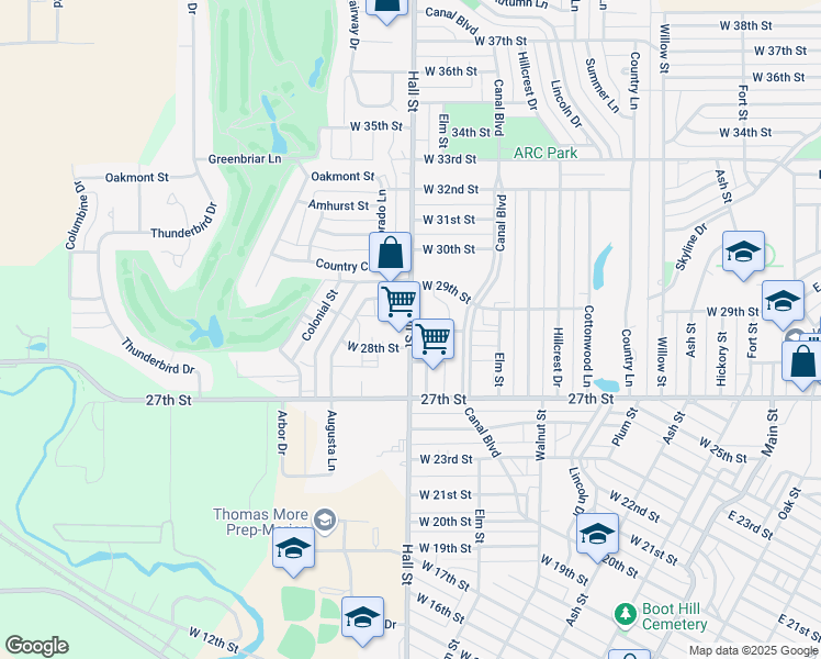 map of restaurants, bars, coffee shops, grocery stores, and more near 2829 Hall Street in Hays