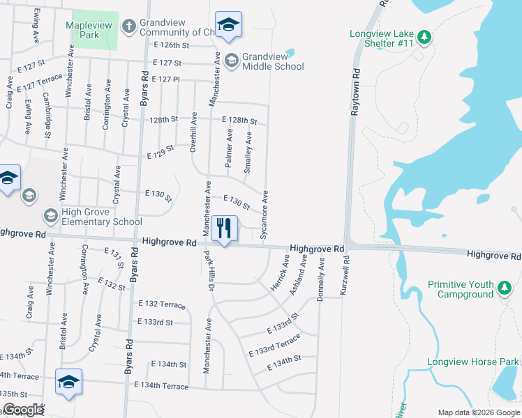 map of restaurants, bars, coffee shops, grocery stores, and more near 8008 East 130 Street in Grandview