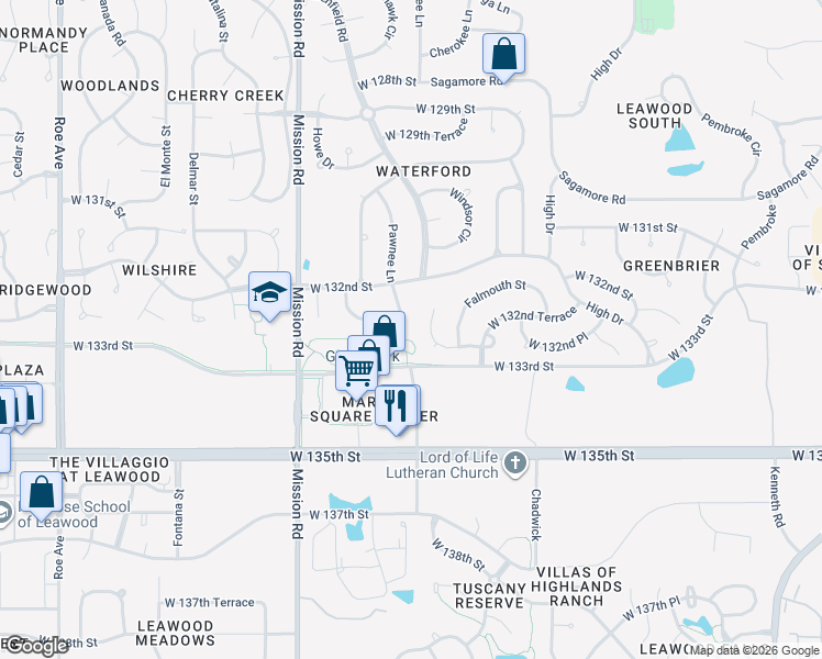 map of restaurants, bars, coffee shops, grocery stores, and more near 13217 Pawnee Lane in Leawood