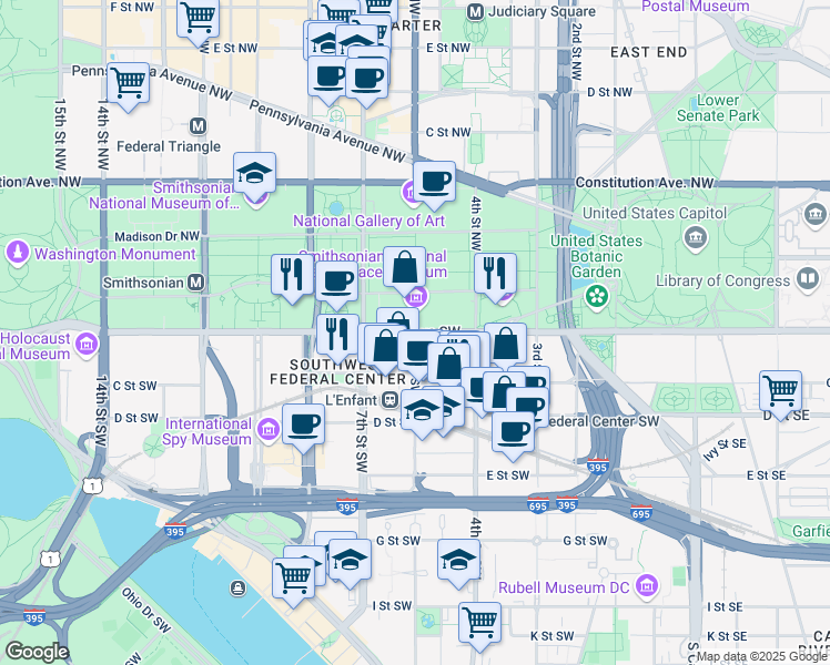 map of restaurants, bars, coffee shops, grocery stores, and more near 600 Independence Avenue Southwest in Washington