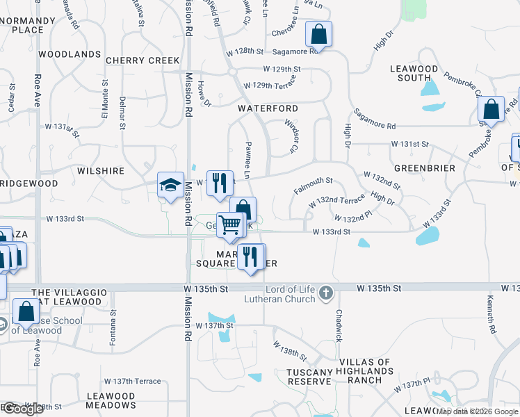 map of restaurants, bars, coffee shops, grocery stores, and more near 13217 Pawnee Lane in Leawood