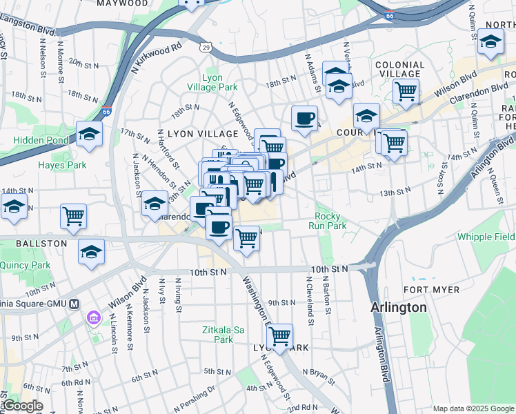 map of restaurants, bars, coffee shops, grocery stores, and more near 2800 North Clarendon Boulevard in Arlington