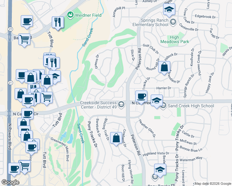 map of restaurants, bars, coffee shops, grocery stores, and more near 3731 Riviera Grove in Colorado Springs