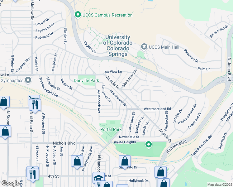 map of restaurants, bars, coffee shops, grocery stores, and more near 1319 Acacia Drive in Colorado Springs