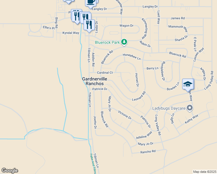 map of restaurants, bars, coffee shops, grocery stores, and more near 1320 Patricia Drive in Gardnerville