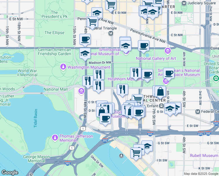 map of restaurants, bars, coffee shops, grocery stores, and more near 1200 Independence Avenue Southwest in Washington