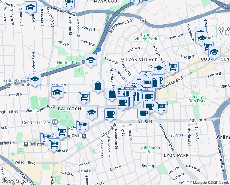 map of restaurants, bars, coffee shops, grocery stores, and more near 1305 North Jackson Street in Arlington