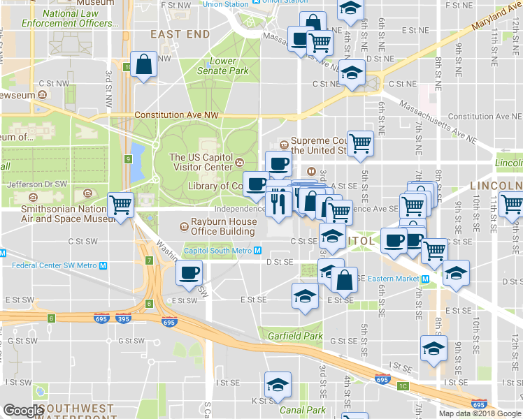 map of restaurants, bars, coffee shops, grocery stores, and more near in Washington