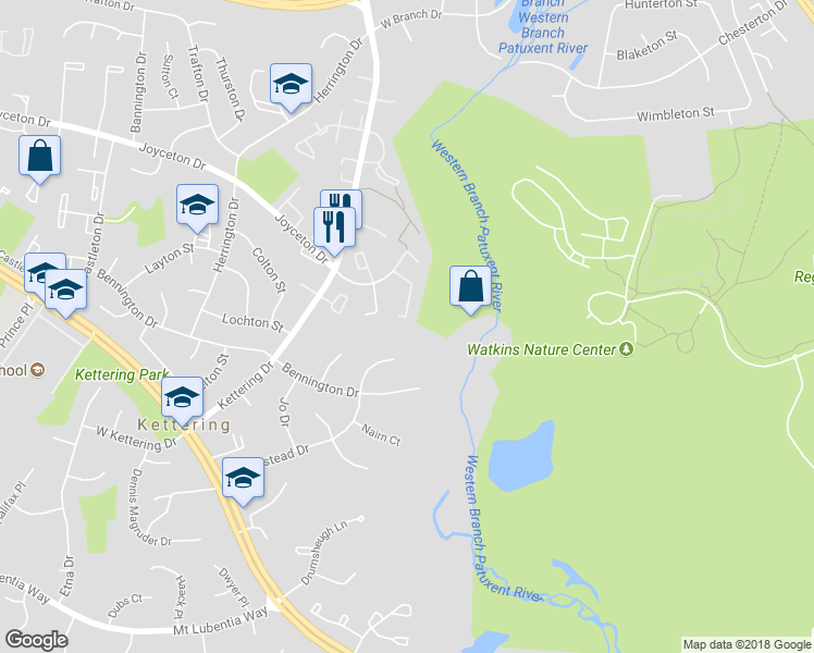map of restaurants, bars, coffee shops, grocery stores, and more near 174 Azalea Court in Upper Marlboro