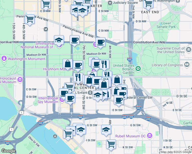 map of restaurants, bars, coffee shops, grocery stores, and more near Independence Ave SW & 6th St SW in Washington