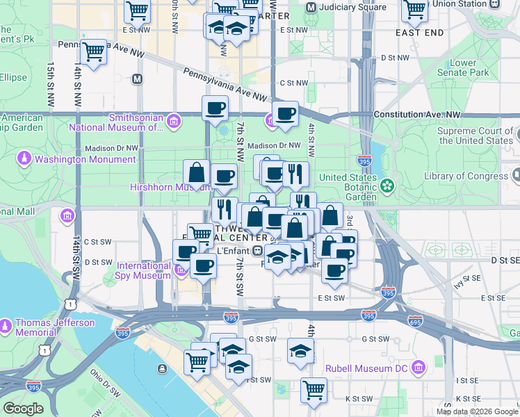 map of restaurants, bars, coffee shops, grocery stores, and more near in Washington