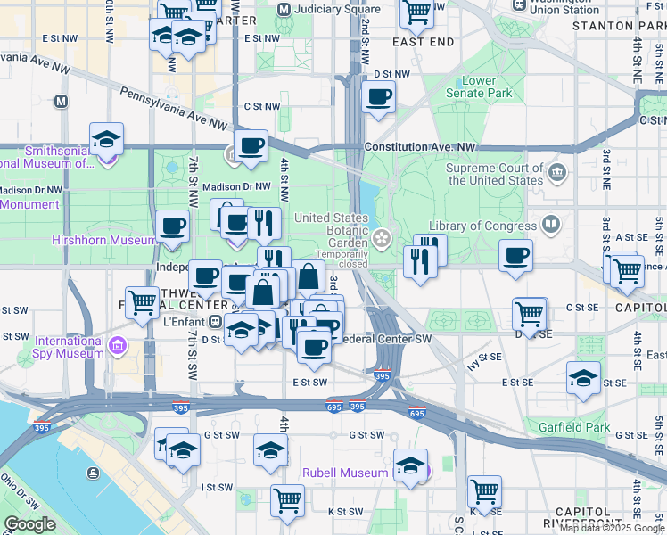 map of restaurants, bars, coffee shops, grocery stores, and more near in Washington