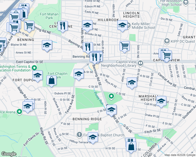 map of restaurants, bars, coffee shops, grocery stores, and more near Benning Rd SE & B St SE in Washington