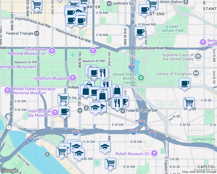 map of restaurants, bars, coffee shops, grocery stores, and more near Independence Avenue Southwest in Washington
