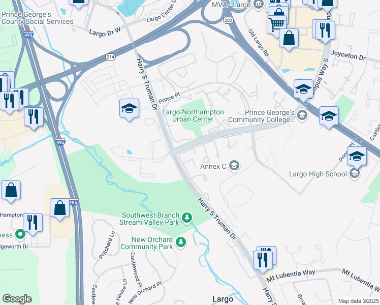 map of restaurants, bars, coffee shops, grocery stores, and more near 9909 Campus Way South in Upper Marlboro