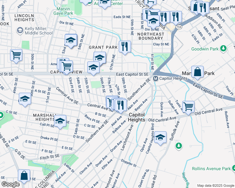 map of restaurants, bars, coffee shops, grocery stores, and more near 129 57th Street Southeast in Washington