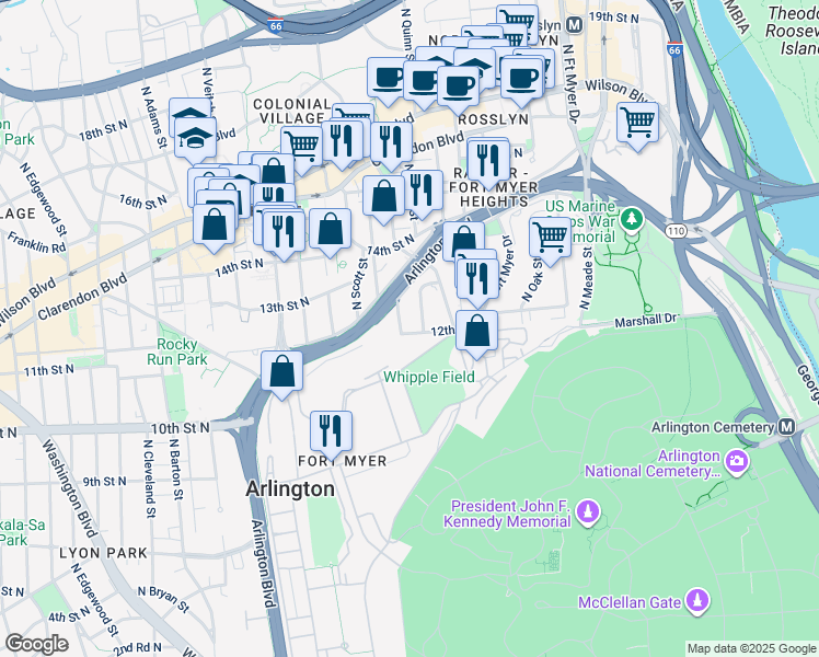map of restaurants, bars, coffee shops, grocery stores, and more near 1733 12th Street North in Arlington