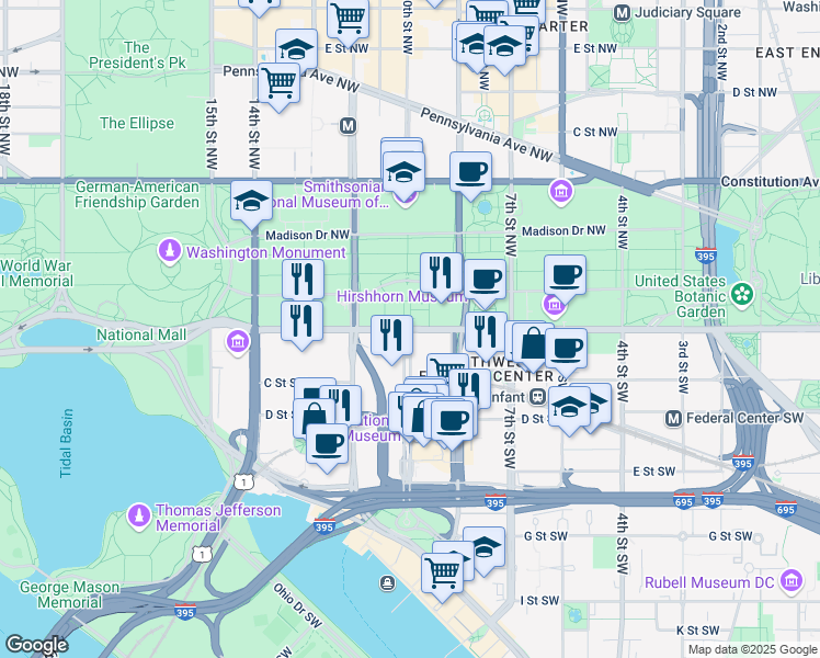 map of restaurants, bars, coffee shops, grocery stores, and more near Independence Avenue Southwest in Washington