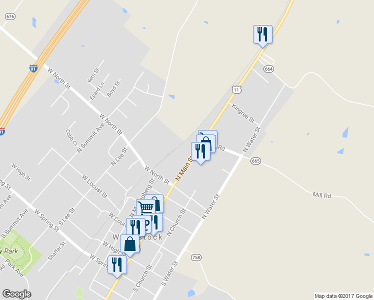 map of restaurants, bars, coffee shops, grocery stores, and more near 487 North Main Street in Woodstock