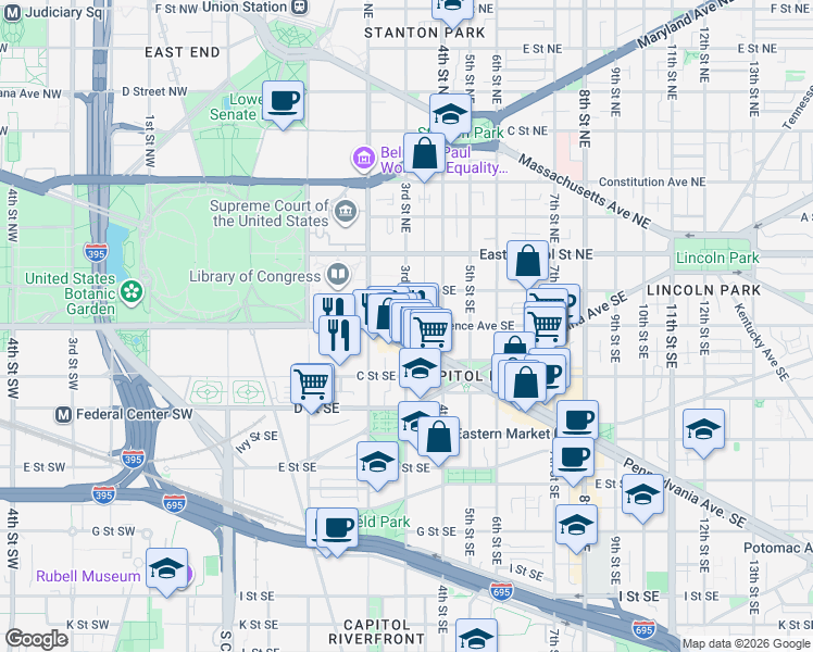 map of restaurants, bars, coffee shops, grocery stores, and more near Independence Avenue Southeast & 3rd Street Southeast in Washington