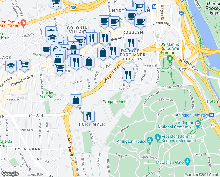 map of restaurants, bars, coffee shops, grocery stores, and more near 1733 12th Street North in Arlington