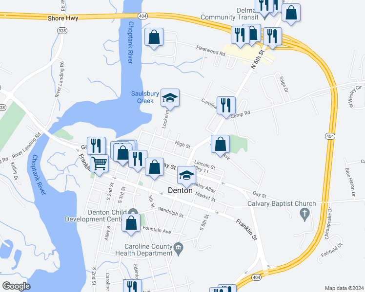 map of restaurants, bars, coffee shops, grocery stores, and more near 522 High Street in Denton