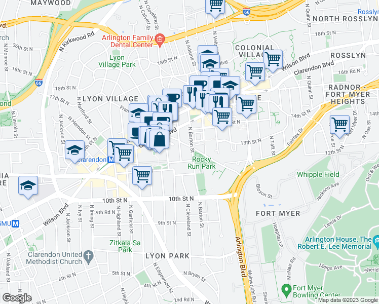 map of restaurants, bars, coffee shops, grocery stores, and more near 2504 Fairfax Drive in Arlington