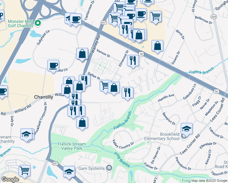 map of restaurants, bars, coffee shops, grocery stores, and more near 4126 Dallas Hutchison Street in Chantilly