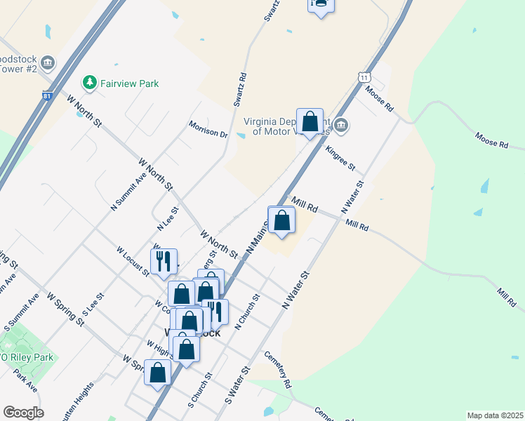 map of restaurants, bars, coffee shops, grocery stores, and more near 487 North Main Street in Woodstock