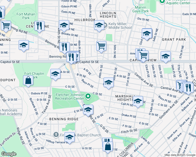 map of restaurants, bars, coffee shops, grocery stores, and more near 121 49th Street Southeast in Washington