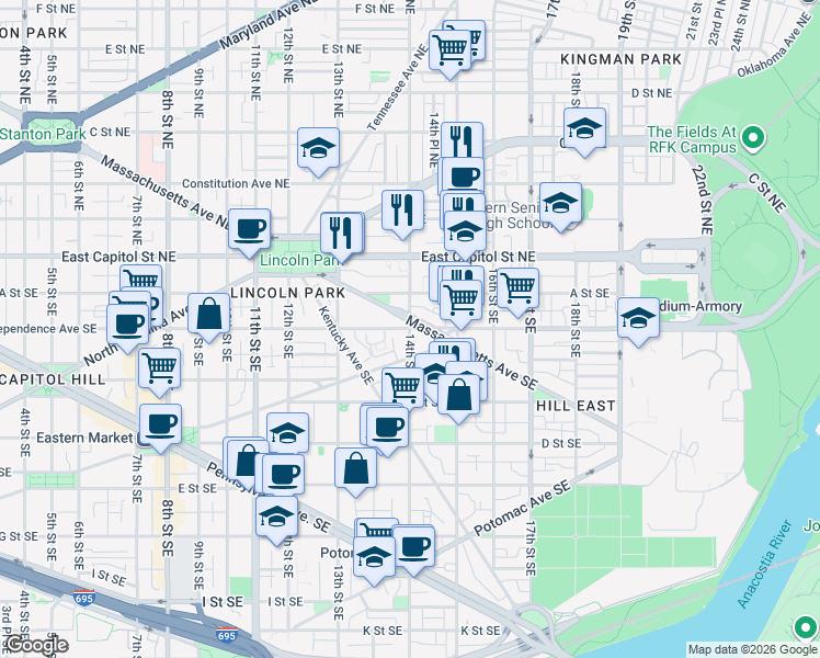 map of restaurants, bars, coffee shops, grocery stores, and more near Independence Ave SE & 14th St SE in Washington