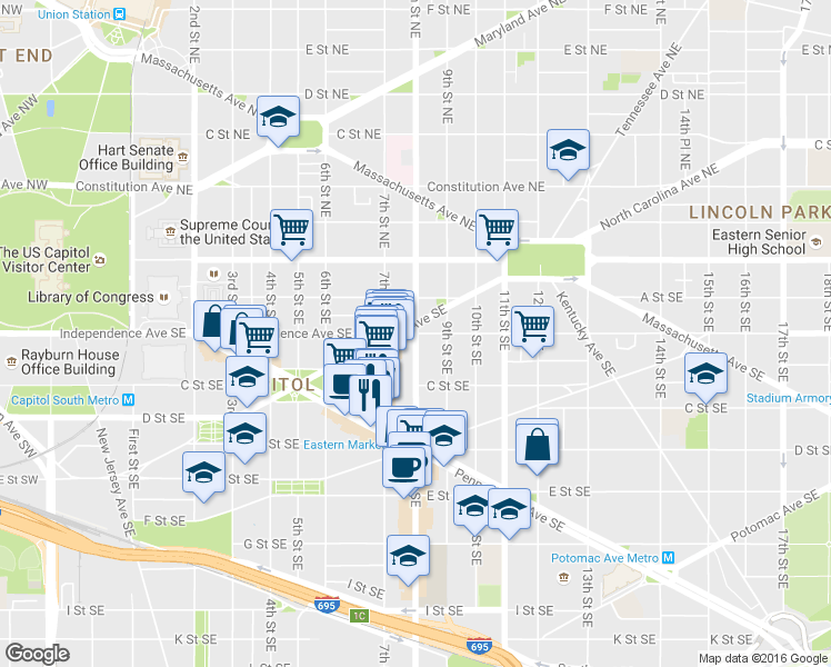 map of restaurants, bars, coffee shops, grocery stores, and more near 8th Street Southeast & Independence Avenue Southeast in Washington