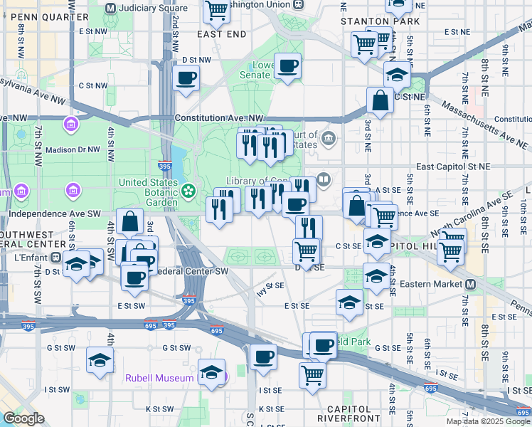 map of restaurants, bars, coffee shops, grocery stores, and more near Independence Ave SE & New Jersey Ave SE in Washington