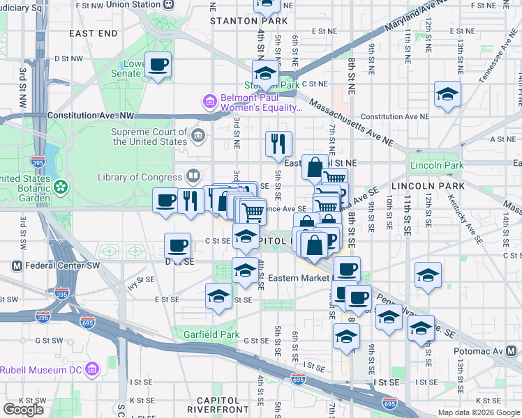 map of restaurants, bars, coffee shops, grocery stores, and more near Independence Avenue Southeast in Washington