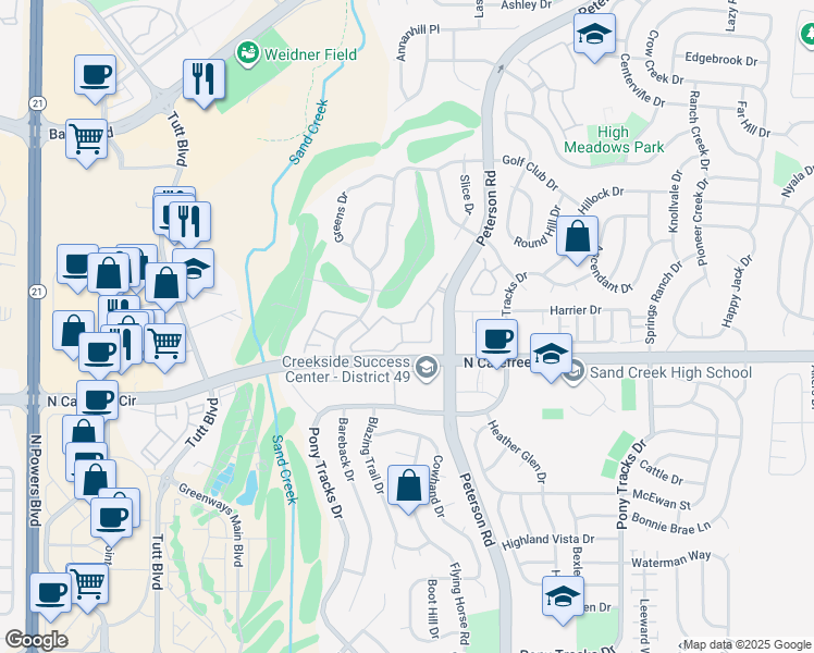 map of restaurants, bars, coffee shops, grocery stores, and more near 3731 Riviera Grove in Colorado Springs