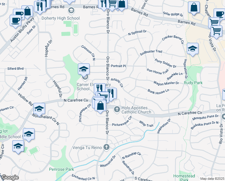 map of restaurants, bars, coffee shops, grocery stores, and more near 4839 Pacer Lane in Colorado Springs