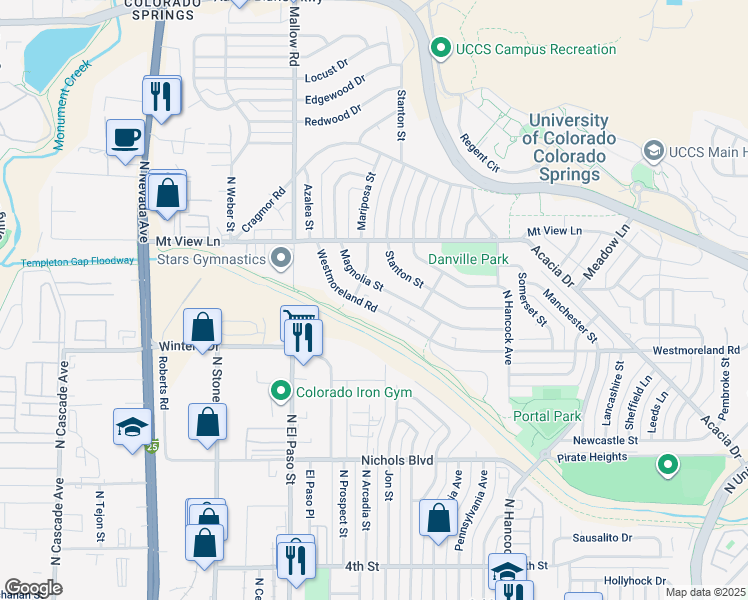map of restaurants, bars, coffee shops, grocery stores, and more near 966 Westmoreland Road in Colorado Springs