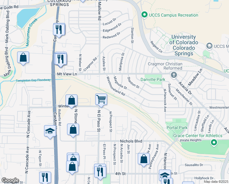 map of restaurants, bars, coffee shops, grocery stores, and more near 921 Westmoreland Road in Colorado Springs