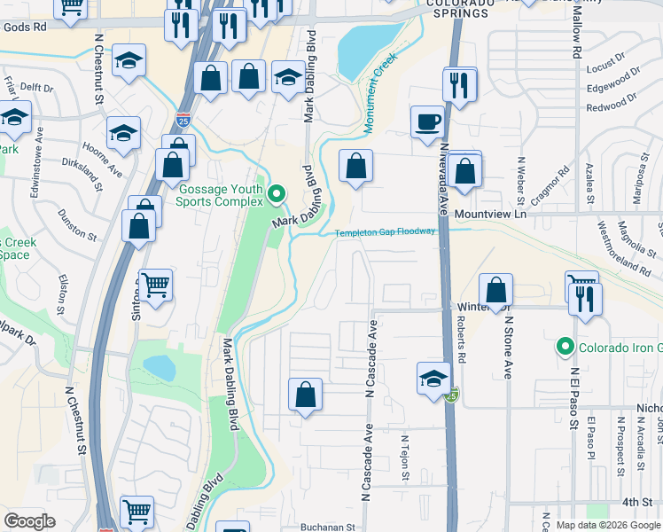map of restaurants, bars, coffee shops, grocery stores, and more near 3834 North Cascade Avenue in Colorado Springs