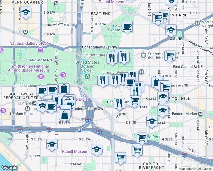 map of restaurants, bars, coffee shops, grocery stores, and more near 101 Independence Avenue Southeast in Washington