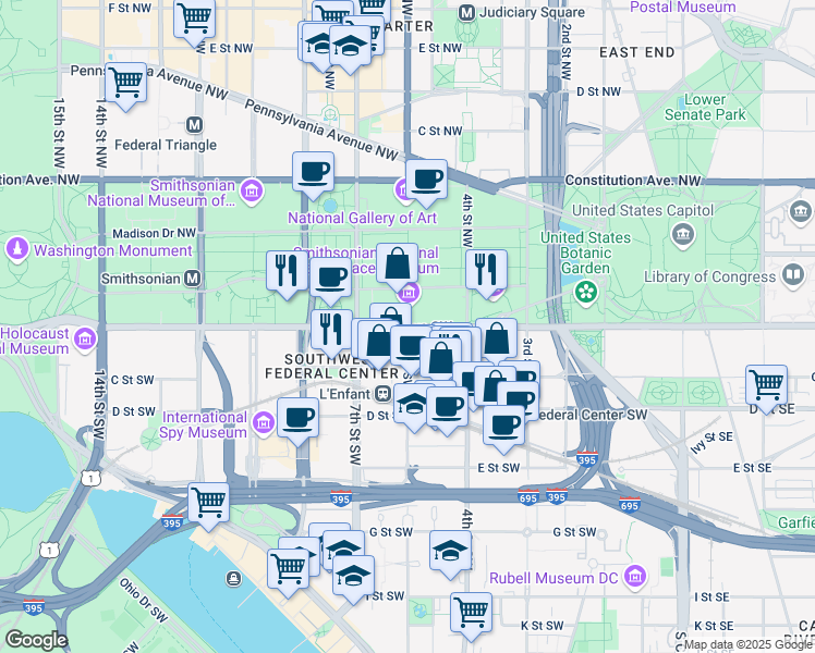 map of restaurants, bars, coffee shops, grocery stores, and more near 101 Independence Avenue Southeast in Washington
