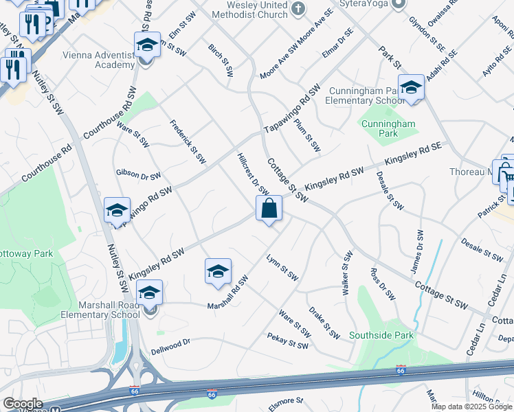 map of restaurants, bars, coffee shops, grocery stores, and more near 923 Frederick Street Southwest in Vienna