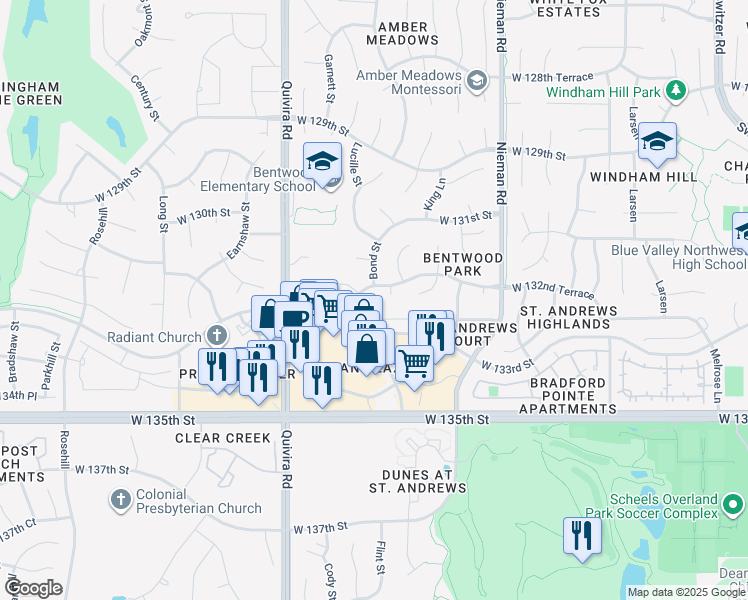 map of restaurants, bars, coffee shops, grocery stores, and more near 13229 Bond Street in Overland Park
