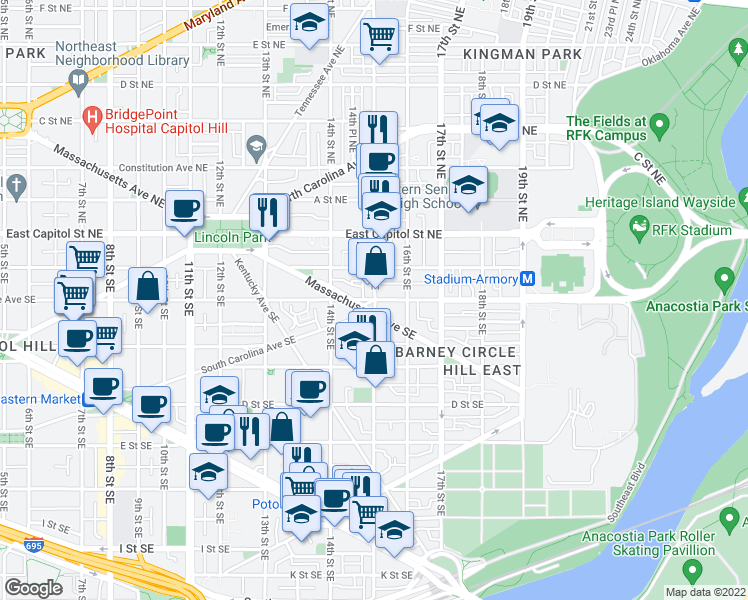 map of restaurants, bars, coffee shops, grocery stores, and more near Independence Avenue Southeast & 15th Street Southeast in Washington