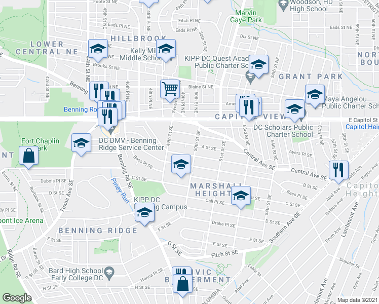 map of restaurants, bars, coffee shops, grocery stores, and more near 4954 Astor Place Southeast in Washington