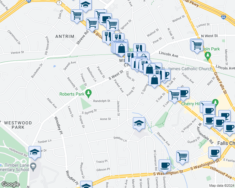 map of restaurants, bars, coffee shops, grocery stores, and more near 805 Jackson St in Falls Church